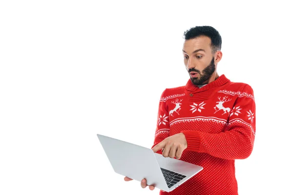 Surprised Bearded Man Sweater Using Laptop Isolated White — Stock Photo, Image