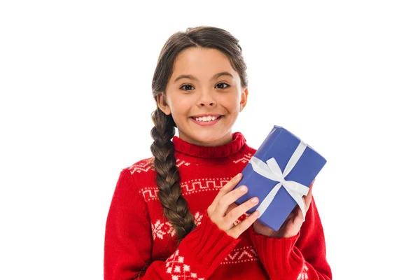 Happy Kid Sweater Holding Present Isolated White — Stock Photo, Image