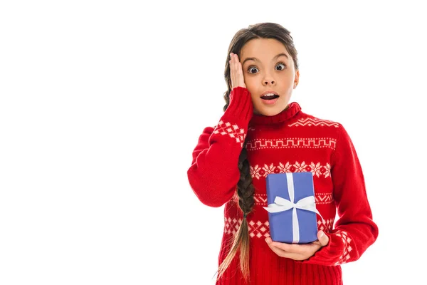 Surprised Kid Sweater Holding Present Touching Head Isolated White — Stock Photo, Image