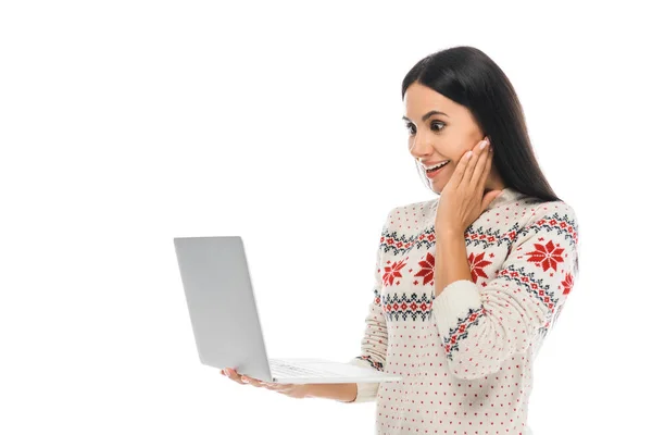 Excited Woman Looking Laptop Isolated White — Stock Photo, Image