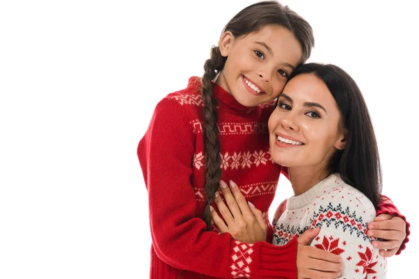 Happy Kid Hugging Cheerful Mother Sweater Isolated White — ストック写真