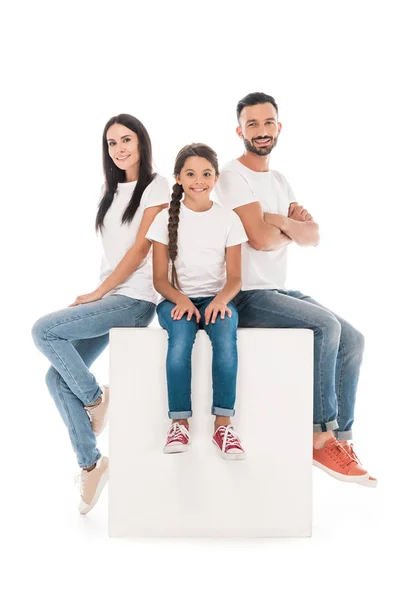 Happy Father Crossed Arms Sitting Cube Wife Kid Isolated White — Stock Photo, Image