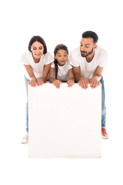 happy family standing near blank placard isolated on white 