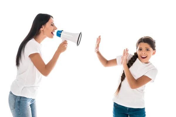 Woman Holding Megaphone While Yelling Kid Isolated White — Stock Photo, Image