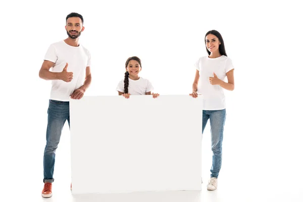 Happy Parents Showing Thumbs While Standing Kid Blank Placard Isolated — Stock Photo, Image