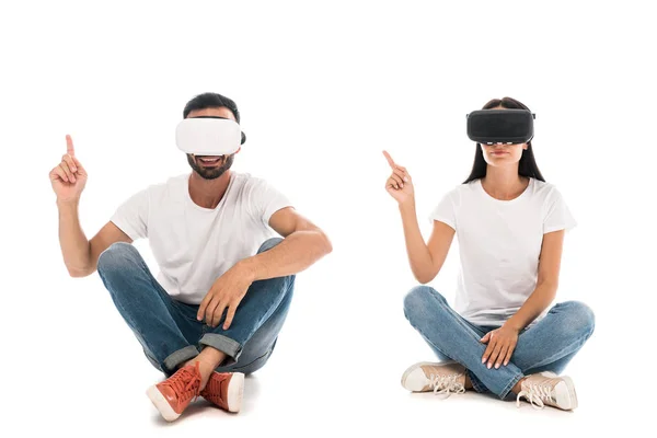 Happy Man Sitting Woman While Using Virtual Reality Headsets Pointing — Stock Photo, Image
