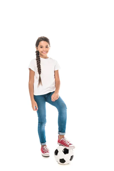 Happy Kid Standing Football Smiling Isolated White — Stock Photo, Image