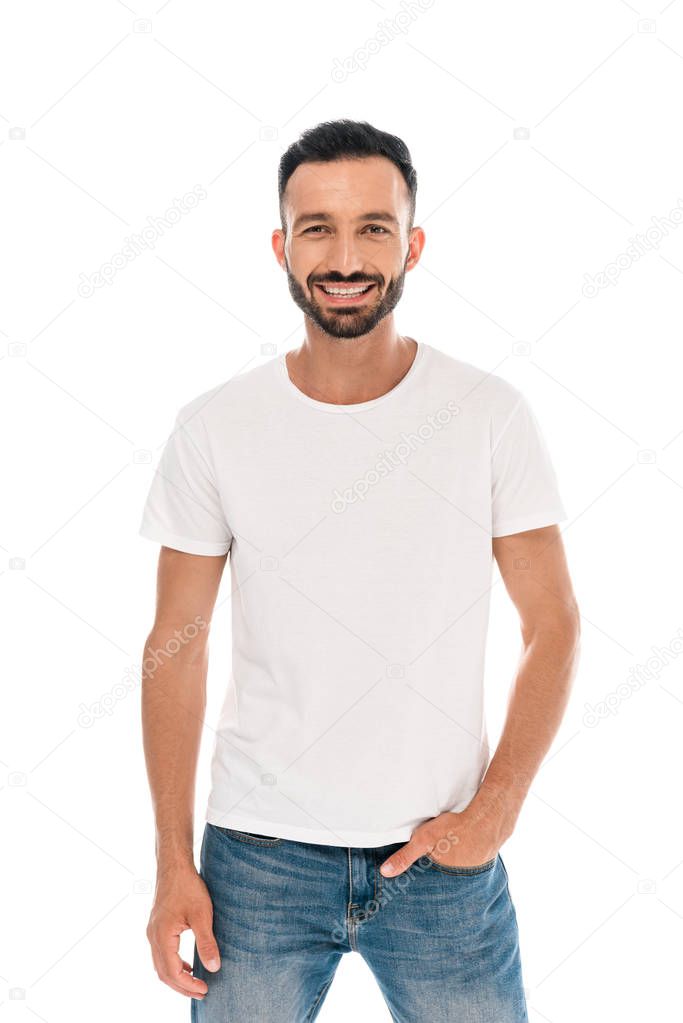 happy bearded man standing with hand in pocket isolated on white 