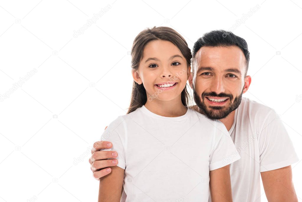 happy father hugging kid and smiling isolated on white