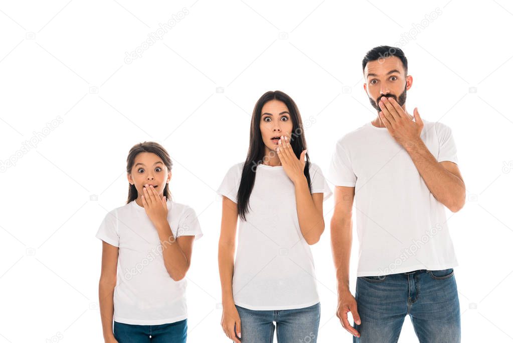 surprised parents and kid covering faces isolated on white 