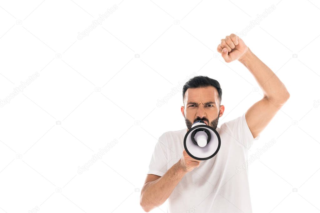 bearded man with clenched fist screaming in megaphone and gesturing isolated on white 