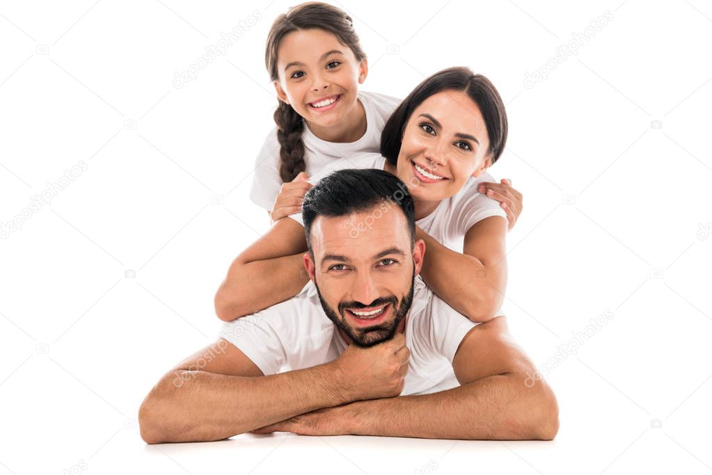 happy parents and daughter smiling isolated on white 