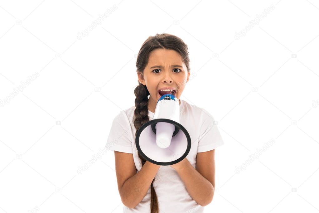 angry kid holding megaphone while screaming isolated on white 