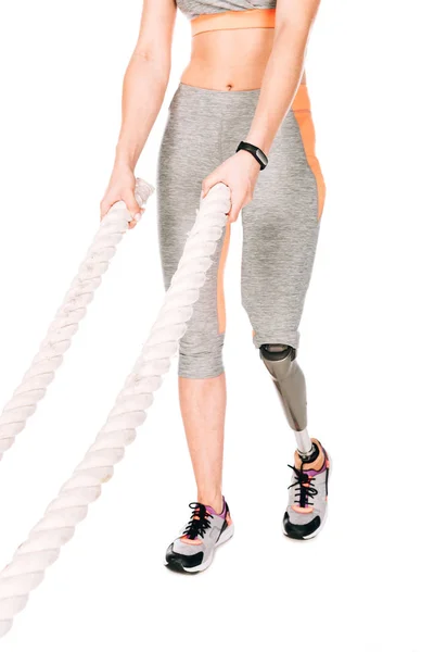 Cropped View Disabled Sportswoman Prosthetic Leg Training Ropes Isolated White — Stock Photo, Image