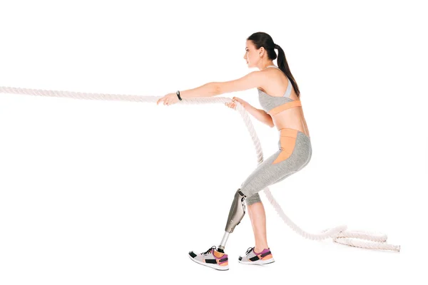 Seitenansicht Behinderter Sportlerinnen Beim Training Mit Seil Isoliert Auf Weiß — Stockfoto