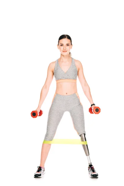 Full Length View Disabled Sportswoman Resistance Band Dumbbells Isolated White — Stock Photo, Image