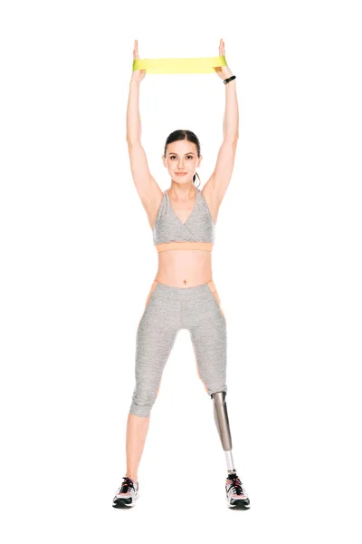 Full Length View Disabled Sportswoman Training Resistance Band Isolated White — Stock Photo, Image
