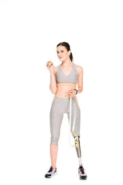 Full Length View Disabled Sportswoman Holding Apple Measure Tape Isolated — Stock Photo, Image
