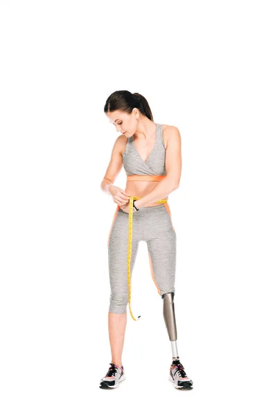 Full Length View Disabled Sportswoman Holding Measure Tape Isolated White — Stock Photo, Image