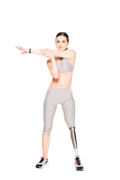 Full Length View Smiling Disabled Sportswoman Prosthesis Stretching Isolated White — Stock Photo, Image