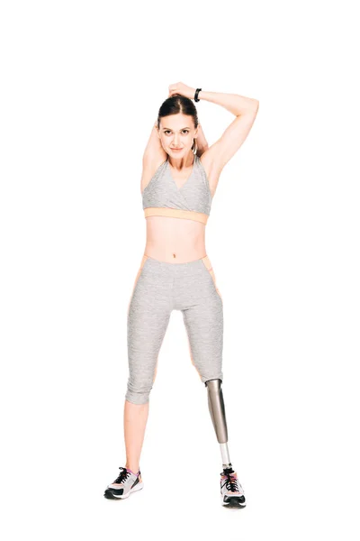 Full Length View Disabled Sportswoman Prosthesis Stretching Isolated White — Stock Photo, Image