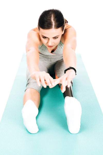 Low Angle View Disabled Sportswoman Stretching Fitness Mat Isolated White — Stock Photo, Image