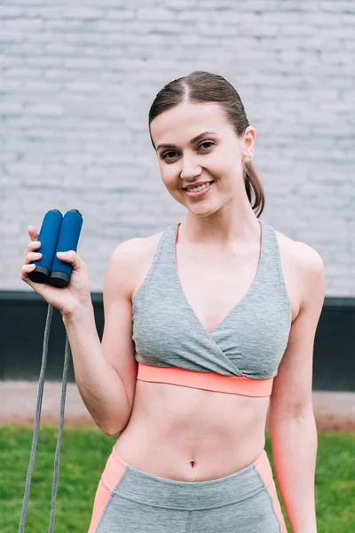 Attractive Smiling Sportswoman Holding Jump Rope Street — Stock Photo, Image