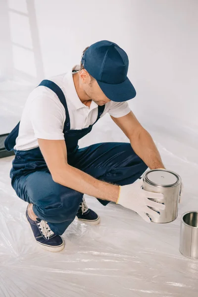 Young Painter Overalls Cap Holding Can Paint — Stock Photo, Image