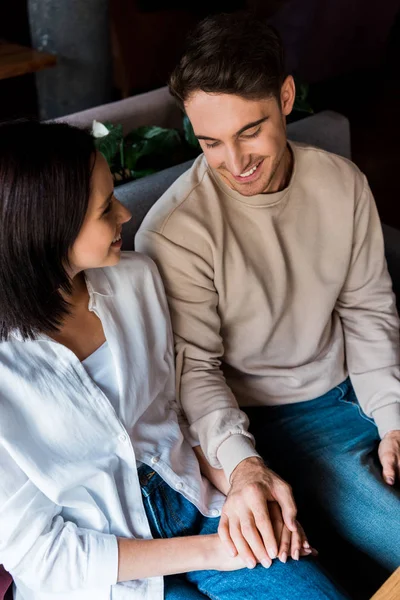 Happy Man Holding Hands Smiling Girlfriend Restaurant — Stock Photo, Image