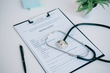 Tıbbi rapor, steteskop ve kalem beyaz masanın üzerinde saksının yanında.