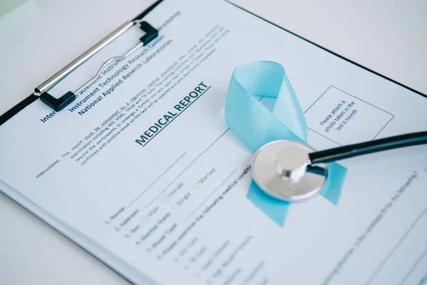 Blue Awareness Ribbon Stethoscope Medical Report — Stock Photo, Image