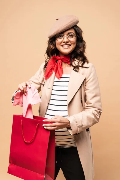 Pregnant French Woman Coat Taking Overalls Shopping Bag Beige Background — Stock Photo, Image