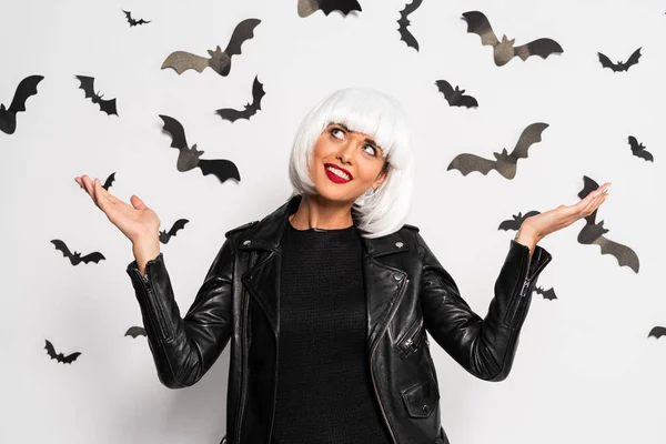 Attractive Woman White Wig Outstretched Hands Halloween — Stock Photo, Image