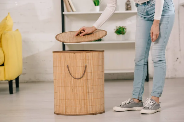 Cropped View Housewife Denim Jeans Opening Laundry Basket — Stock Photo, Image