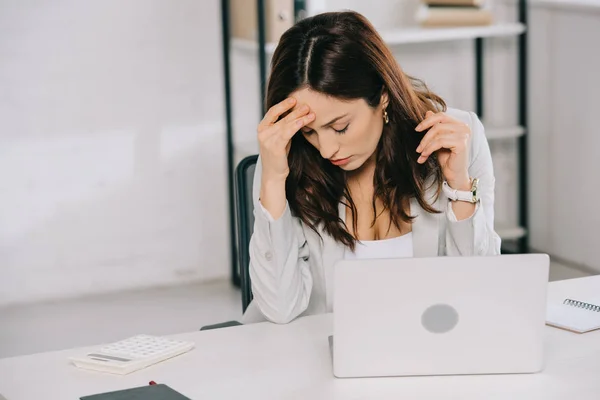 Tired Secretary Suffering Headache While Sitting Workplace Holding Hand Head — Stock Photo, Image