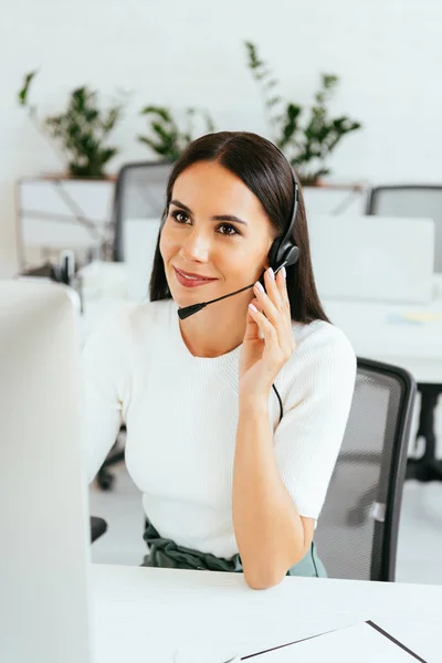 Selective Focus Cheerful Broker Touching Headset While Working Call Center — Stock Photo, Image