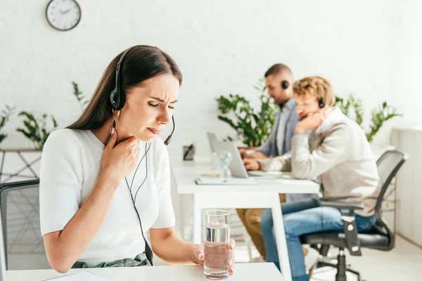 Selective Focus Sick Broker Sore Throat Holding Glass Water Coworkers — Stock Photo, Image