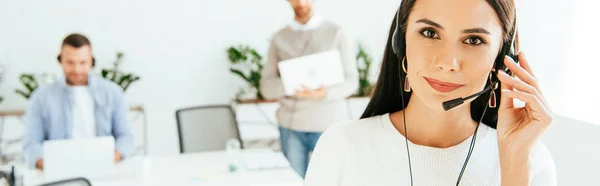 Panoramic Shot Beautiful Broker Touching Headset While Working Coworkers — Stock Photo, Image