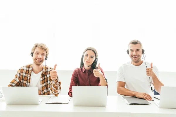 Happy Brokers Headsets Showing Thumbs Call Center — Stock Photo, Image