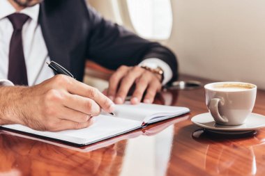 Özel uçakla not defterine yazılan iş adamının kırpılmış görüntüsü 