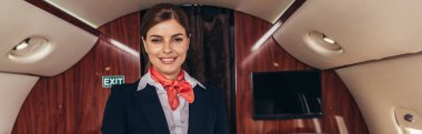 panoramic shot of smiling flight attendant in uniform in private plane  clipart