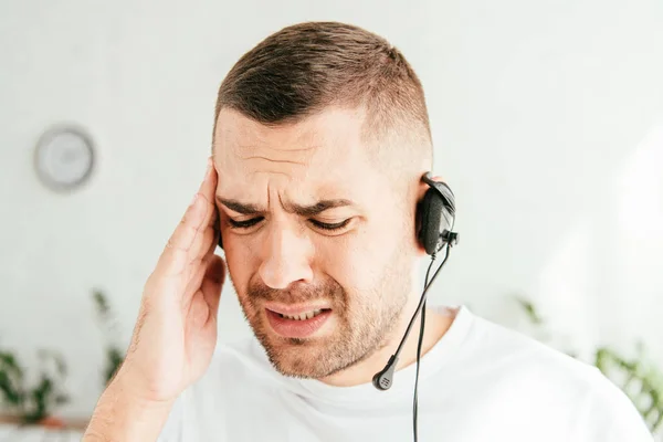 Tired Upset Broker Touching Head While Working Call Center — Stock Photo, Image