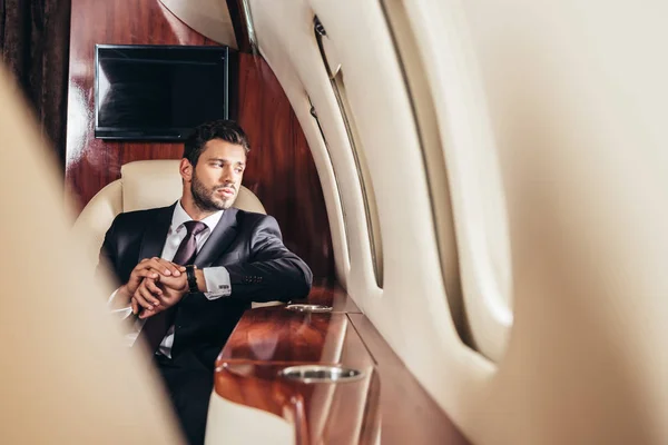 Selective Focus Handsome Businessman Suit Looking Window Private Plane — ストック写真