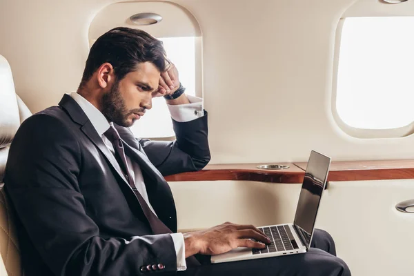 Side View Handsome Businessman Suit Using Laptop Private Plane — Stock Photo, Image