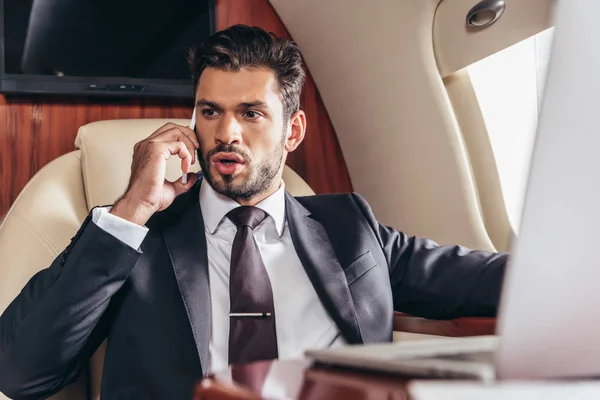 Handsome Businessman Suit Talking Smartphone Private Plane — Stock Photo, Image