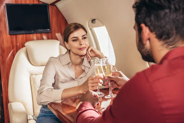 Boyfriend Girlfriend Clinking Champagne Glasses Private Plane — Stock Photo, Image