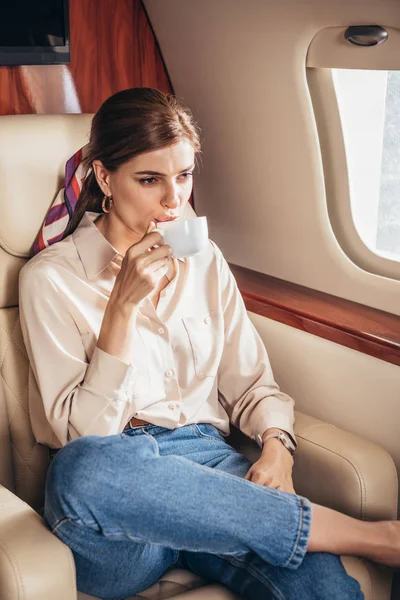 Attractive Woman Shirt Drinking Coffee Private Plane — Stock Photo, Image
