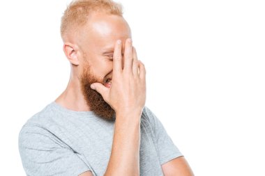 handsome bearded man with facepalm, isolated on white clipart