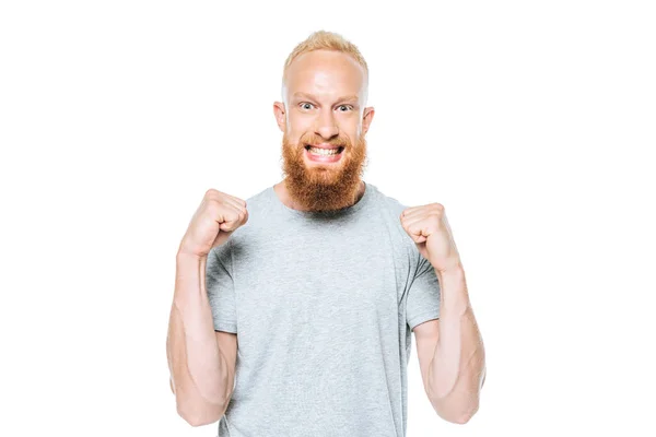 Glücklicher Bärtiger Mann Triumphiert Grauen Shirt Isoliert Auf Weiß — Stockfoto