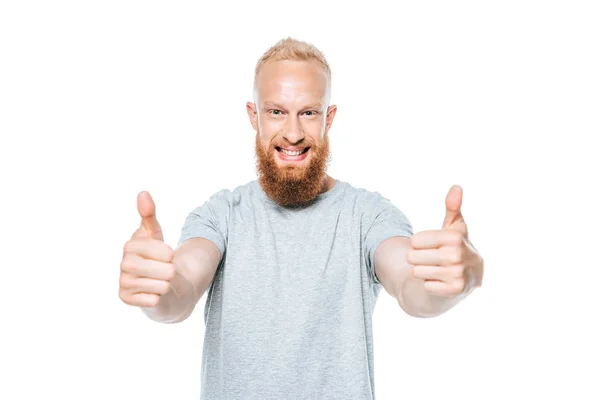 Handsome Smiling Man Grey Shirt Showing Thumbs Isolated White — Stock Photo, Image